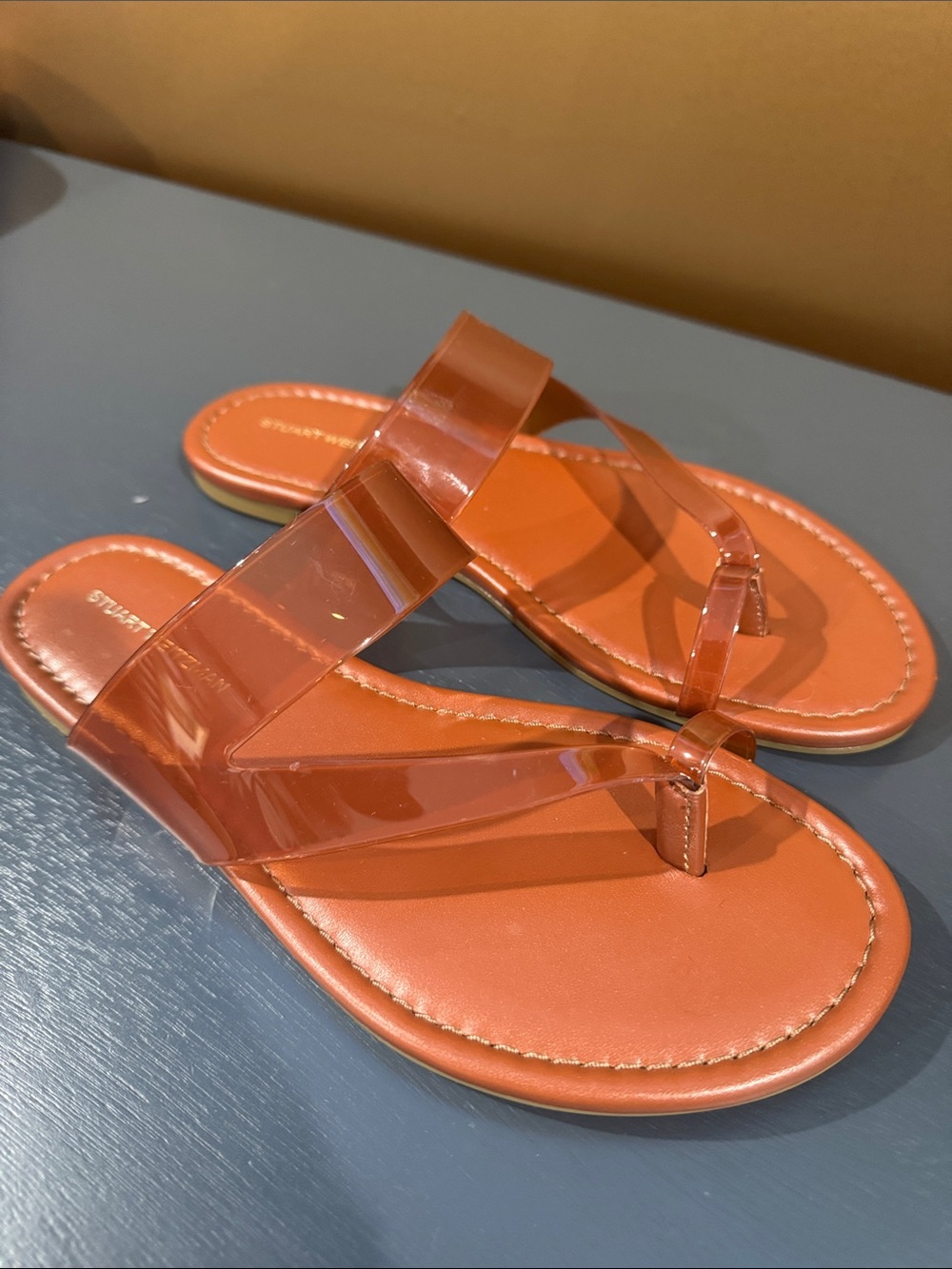 Stuart Weitzman Brown Clear-Strap Leather Thong Sandals